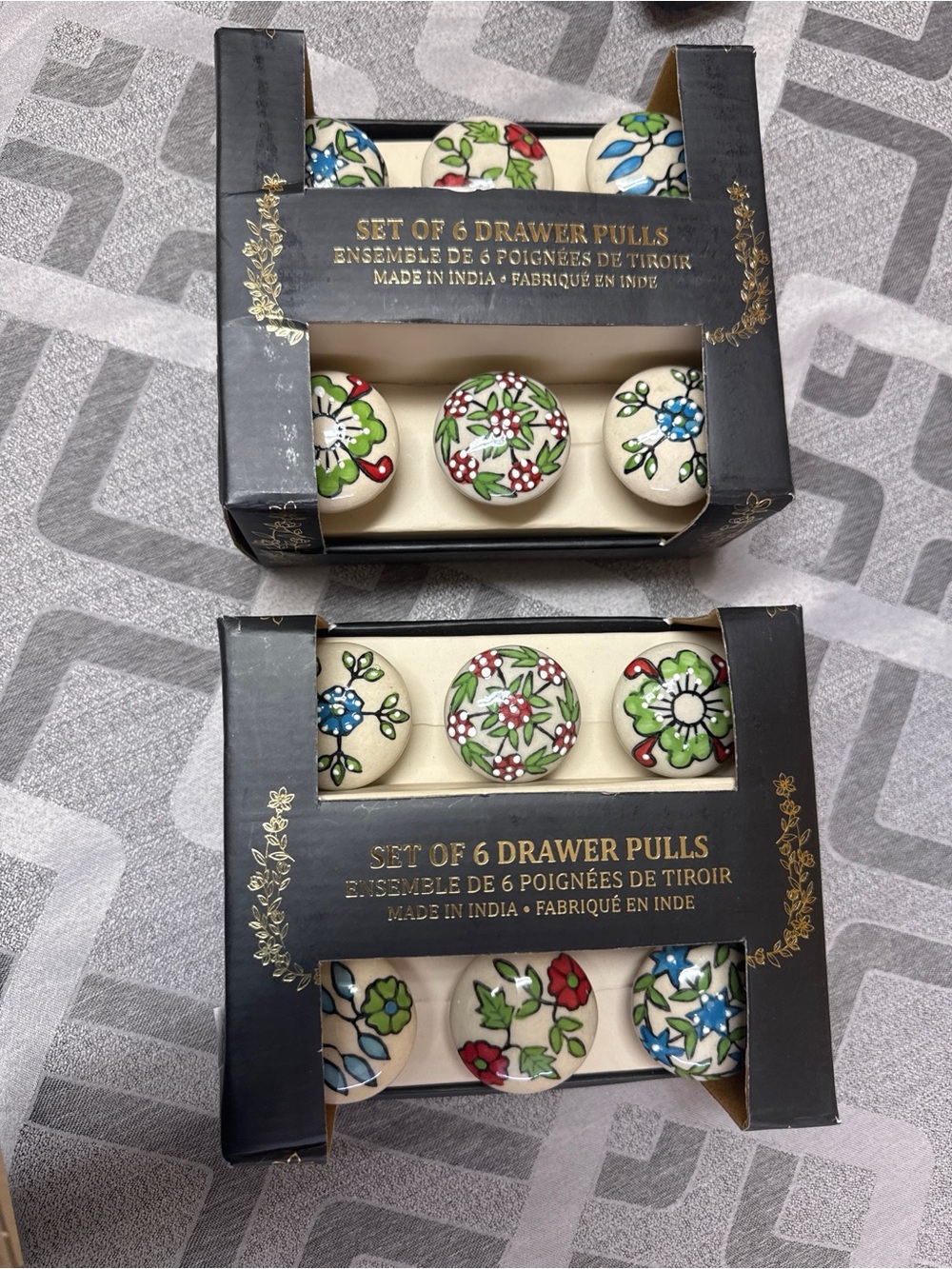 Hand-Painted Floral Ceramic Drawer Pulls - Set of 6 (White/Multicolor)